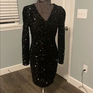 DKNY Black Sequin Puff Sleeve Cocktail Dress